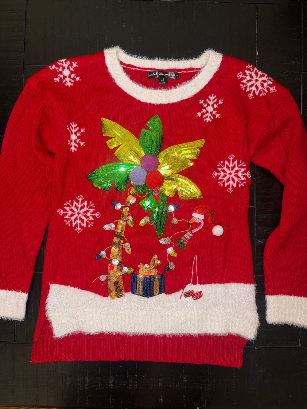 Red Christmas sweater Palm Tree Sequin Holiday Sweater with flamingo on beach